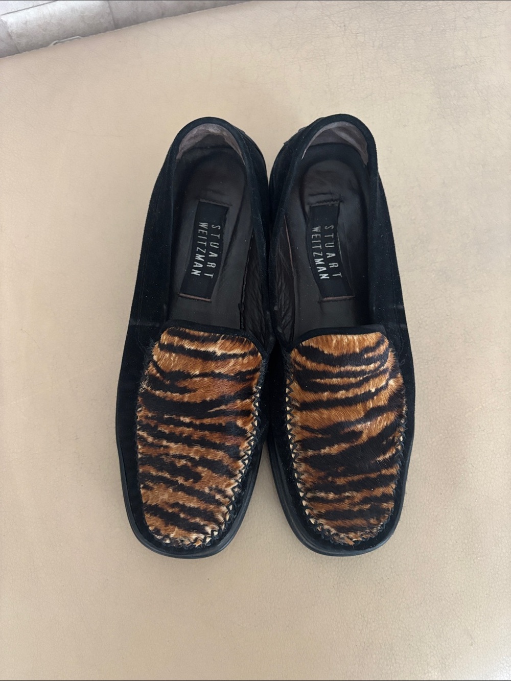 Stuart Weitzman Black Suede Loafers with Brown Tiger-Print Vamp